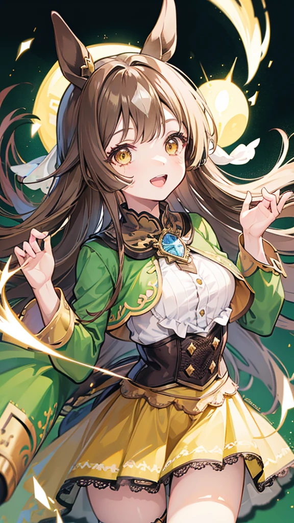 tiny girl,Colossal ,Smile with open mouth,horse ears,brown hair,long hair,green magical girl costume,yellow eyes,Top image quality,Best Quality