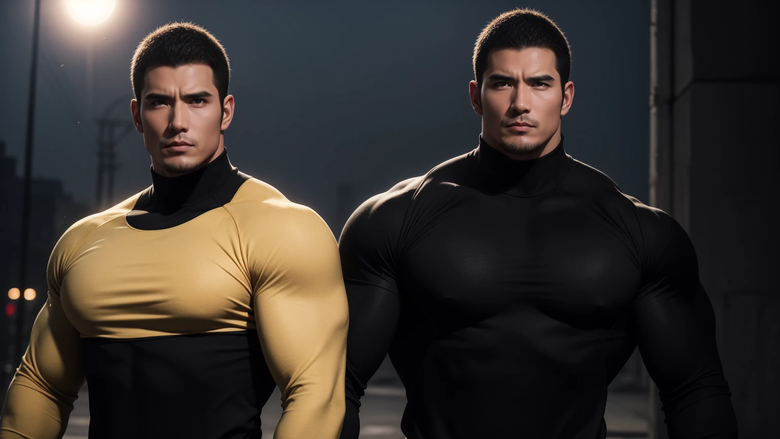 Super muscular man hugging, Sad eyes,Wear sunglasses,They embrace affectionately,short hair,On a vintage outdoor street under the hot sun, Wear long sleeves, Deep turtleneck bodysuit, Thickened warm elastic texture,The clothes are dirty,There are mud stains,Looks sad, Thick thighs, messy hair, Thick thighs, High target-necked long-sleeved dark yellow high-necked tights, very tight, Regular symmetrical pattern, High targetlight muscles, Police uniform pants, character concept(Resident Evil - chris redfield, chris redfield)A proud expression, Deep and charming eyes, Valiant male pose, tall Burly, muscular!muscular thighs, Tough Guy, Perfect facial features, High target, Burly, Heqiang, Super exquisite and cool, High target Resolution Committee, Attractive, The sun is blazing, Dazzling