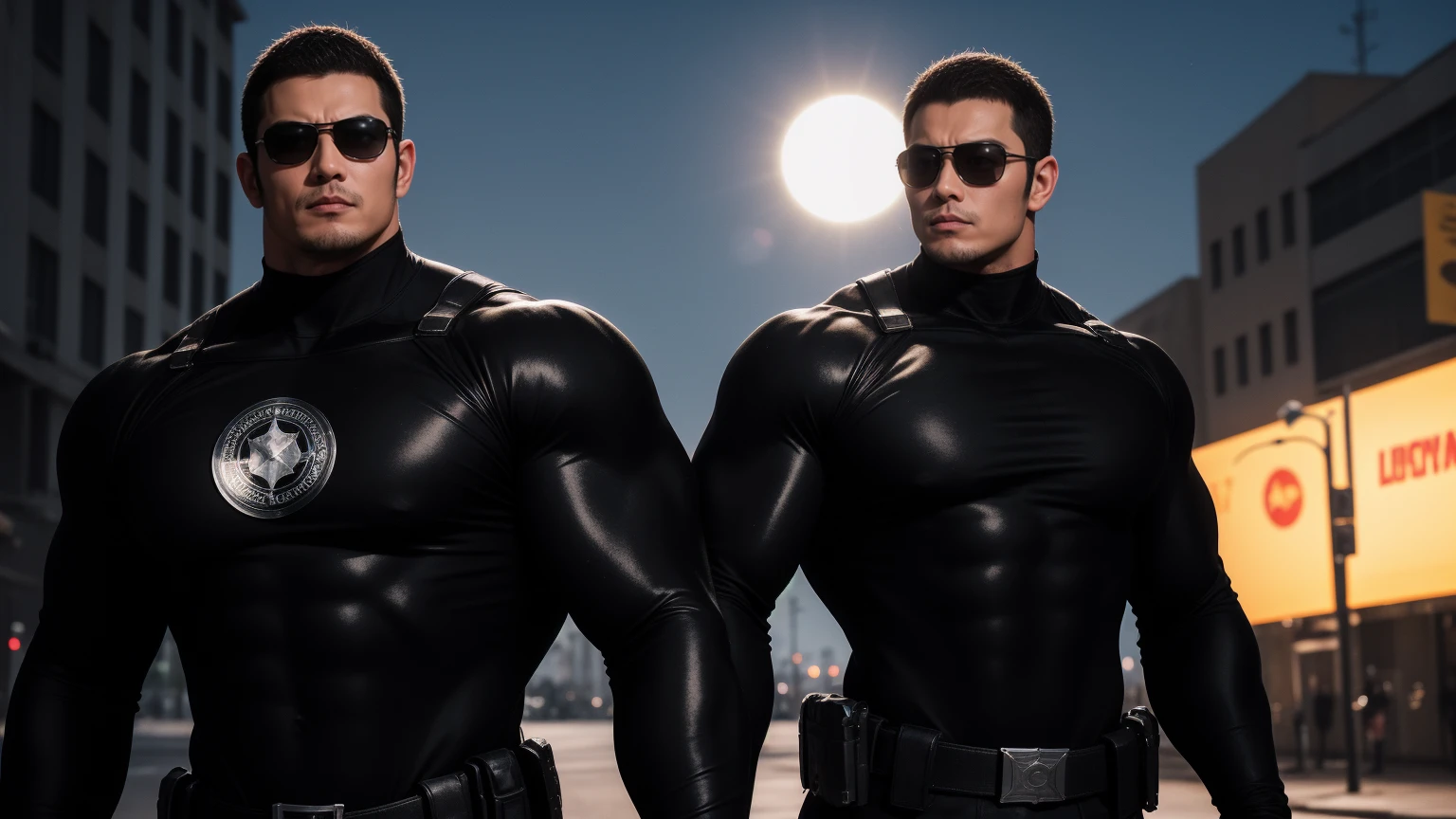 Super muscular man hugging,  Sad eyes，Wear sunglasses，They embrace affectionately，short hair，On a vintage outdoor street under the hot sun, Wear long sleeves, Deep turtleneck bodysuit, Thickened warm elastic texture，The clothes are dirty，There are mud stains，Looks sad, Thick thighs, messy hair, Thick thighs, High target-necked long-sleeved dark yellow high-necked tights, very tight, Regular symmetrical pattern, High targetlight muscles, Police uniform pants, character concept（Resident Evil - chris redfield, chris redfield）A proud expression, Deep and charming eyes, Valiant male pose, tall Burly, muscular！muscular thighs, Tough Guy, Perfect facial features, High target, Burly, Heqiang, Super exquisite and cool, High target Resolution Committee, Attractive, The sun is blazing, Dazzling