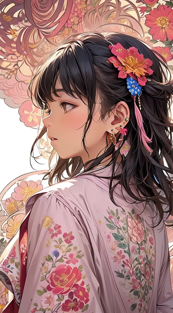 cute、Perfect Anatomy、Picturesque、sketch、texture、solo、Very detailed、(Fractal Art:1.1)、(Gentle colors:1.1)、(Floral:1.6)、Most detailed、(Zentangle:1.2)、(Dynamic pose)、(Abstract background:1.3)、(Glowing Skin)、(Many colors:0.8)、、(Earrings:1.4)、(feather:0.9)、Taisho romance,(masterpiece、Highest quality、Highest quality、Official Art、Beautiful and aesthetic:1.2)、10 years old