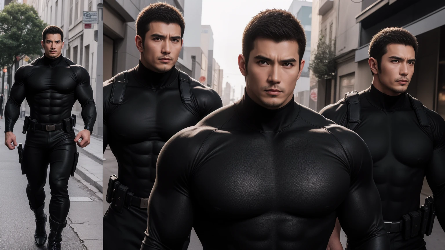 Super muscular man hugging, Sad eyes,Wear sunglasses,They embrace affectionately,short hair,On a vintage outdoor street under the hot sun, Wear long sleeves, Deep turtleneck bodysuit, Thickened warm elastic texture,The clothes are dirty,There are mud stains,Looks sad, Thick thighs, messy hair, Thick thighs, High target-necked long-sleeved dark yellow high-necked tights, very tight, Regular symmetrical pattern, High targetlight muscles, Police uniform pants, character concept(Resident Evil - chris redfield, chris redfield)A proud expression, Deep and charming eyes, Valiant male pose, tall Burly, muscular!muscular thighs, Tough Guy, Perfect facial features, High target, Burly, Heqiang, Super exquisite and cool, High target Resolution Committee, Attractive, The sun is blazing, Dazzling