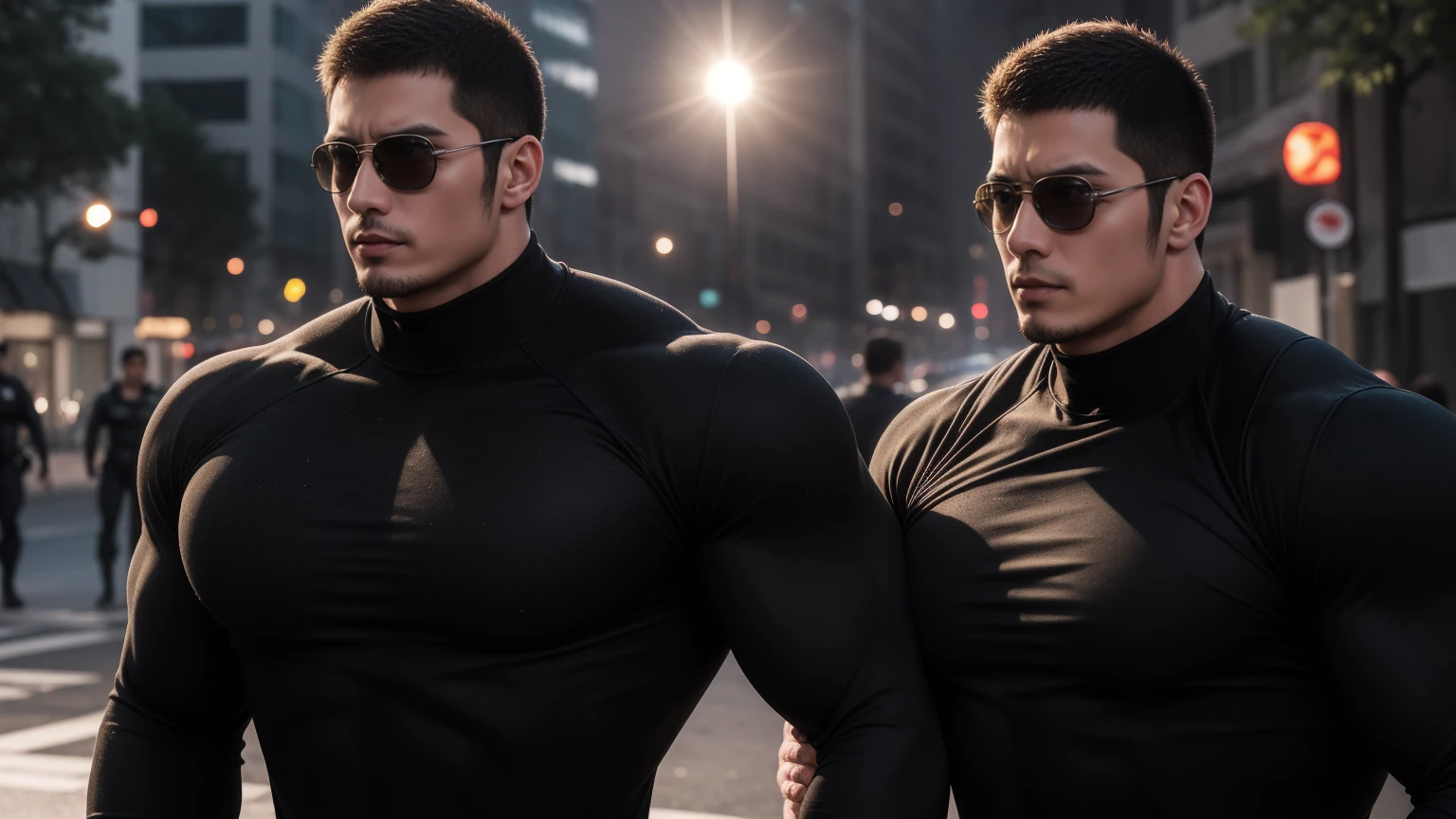 Super muscular man hugging,  Sad eyes，Wear sunglasses，They embrace affectionately，short hair，On a vintage outdoor street under the hot sun, Wear long sleeves, Deep turtleneck bodysuit, Thickened warm elastic texture，The clothes are dirty，There are mud stains，Looks sad, Thick thighs, messy hair, Thick thighs, High target-necked long-sleeved dark yellow high-necked tights, very tight, Regular symmetrical pattern, High targetlight muscles, Police uniform pants, character concept（Resident Evil - chris redfield, chris redfield）A proud expression, Deep and charming eyes, Valiant male pose, tall Burly, muscular！muscular thighs, Tough Guy, Perfect facial features, High target, Burly, Heqiang, Super exquisite and cool, High target Resolution Committee, Attractive, The sun is blazing, Dazzling