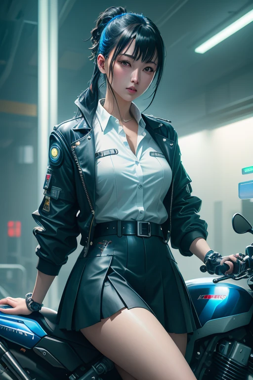 Digital Cyberpunk Art、Highest quality、Ultra-high quality CG Unity 8K、Black Hair Semi-Long、Shiny、Wear a cyberpunk white collared button-up shirt、Wear a cyberpunk navy blue short box pleated skirt、Japanese 、Riding on motorcycle、CBR400Rに乗る、Drive on the highway