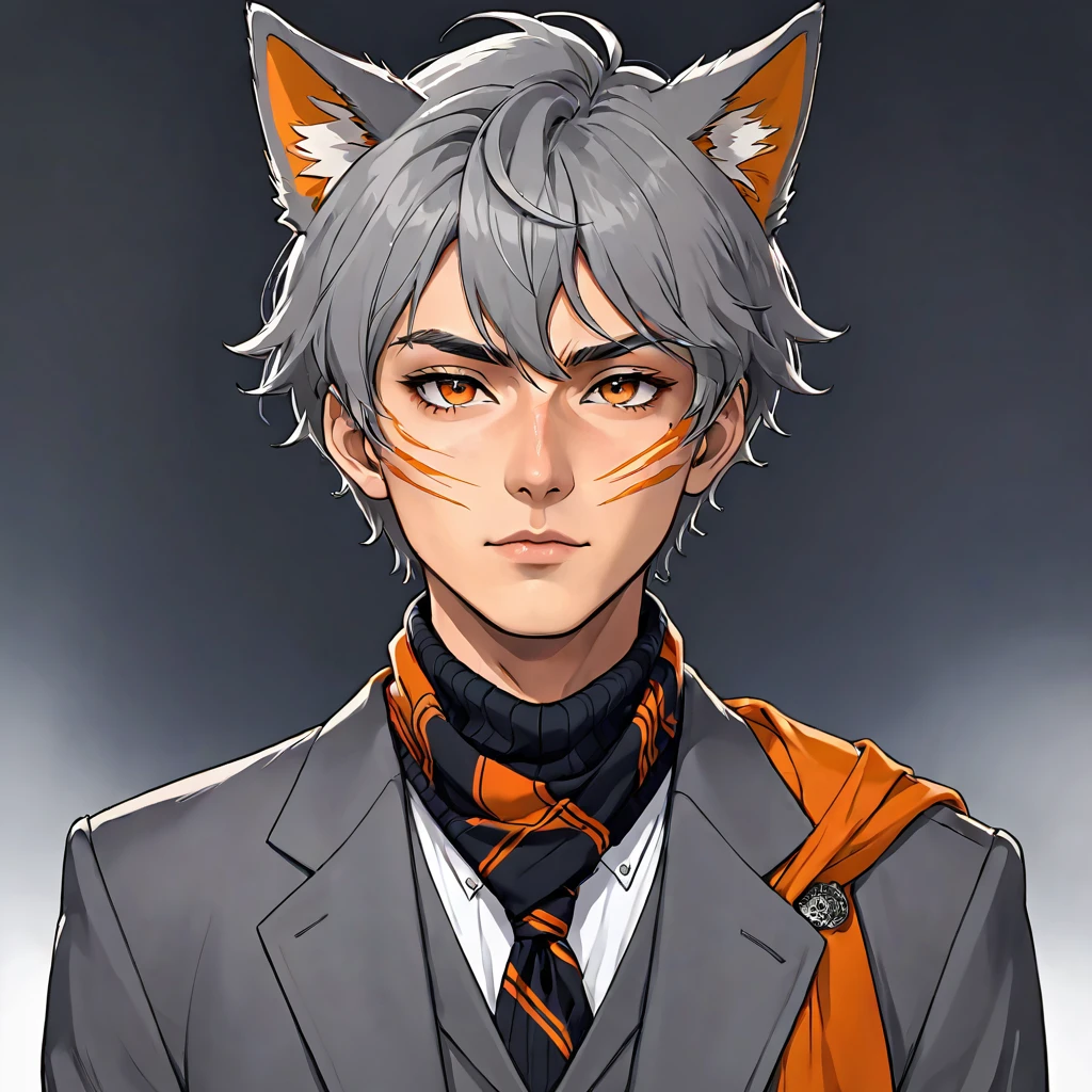 anime boy， Short gray hair,Wolf ears， (((Scars on the face, Pins, )))Gray suit，Orange scarf 