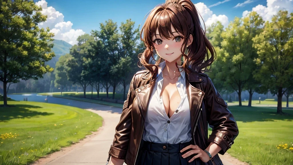 1girl, solo, summer, village, trees, sun, clouds, ((colorful hair)), curly hair, ponytail, large full breasts, ((brown leather jacket)), button down shirt, ((white shirt)), ((short sleeved shirt)), ((unbuttoned shirt)), unbuttoning buttons, cleavage 1:3, brown eyes, skirt, smile, looking at the viewer, standing, hair ribbon, golden necklate