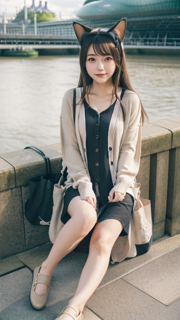 Masterpiece, 4k, Bokeh, beautiful face, (Japanese idle:1.6), (Long cardigan with a t-shirt dress and flats, Casual weekend background,  Canvas tote bag:1.4), (Cat ears:1.3), Sitting on From below,