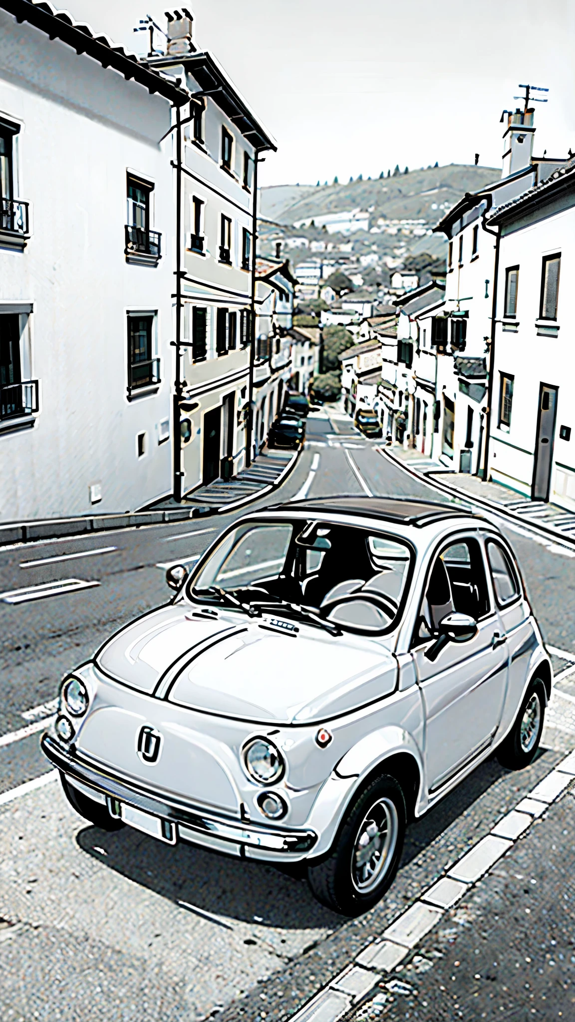 (masterpiece:1.2, Highest quality),(Line art),(Monochrome),(Very detailed),8K,wallpaper,Fiat 500,Italian town