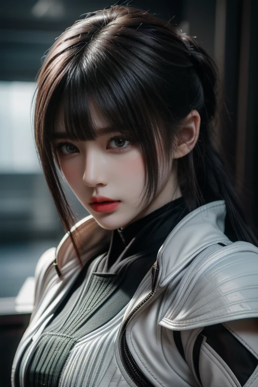 tmasterpiece,Best quality,A high resolution,8K,(Portrait photograph:1.5),(ROriginal photo),real photograph,digital photography,(Combination of cyberpunk and fantasy style),(Female soldier),20 year old girl,random hair style,By bangs,(Red eyeigchest, accessories,Redlip,(He frowned,Sneer),(Cyberpunk combined with fantasy style clothing,Openwork design,joint armor,police uniforms,White jacket,Green),exposing your navel,Photo pose,Realisticstyle,Thunder and lightning on rainy day,(Thunder magic),oc render reflection texture