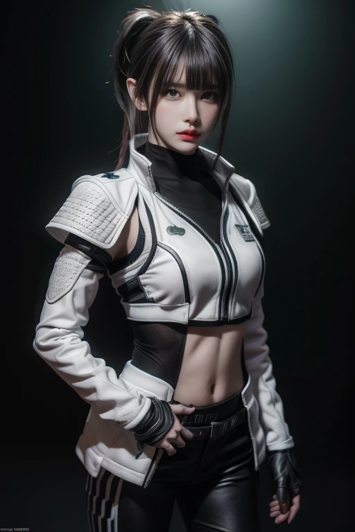 tmasterpiece,Best quality,A high resolution,8K,(Portrait photograph:1.5),(ROriginal photo),real photograph,digital photography,(Combination of cyberpunk and fantasy style),(Female soldier),20 year old girl,random hair style,By bangs,(Red eyeigchest, accessories,Redlip,(He frowned,Sneer),(Cyberpunk combined with fantasy style clothing,Openwork design,joint armor,police uniforms,White jacket,Green),exposing your navel,Photo pose,Realisticstyle,Thunder and lightning on rainy day,(Thunder magic),oc render reflection texture