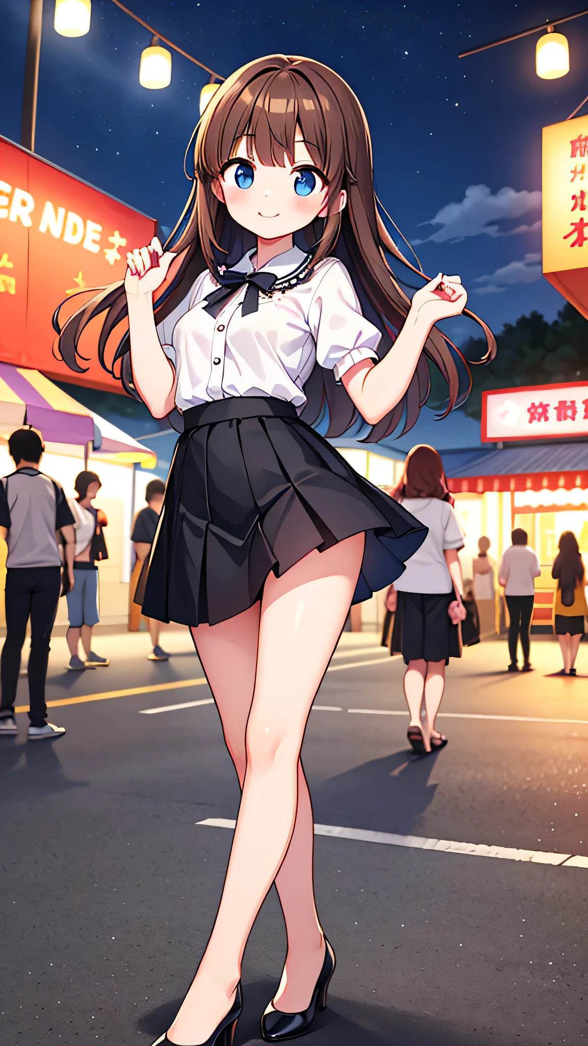 {Highest quality], [Super beautiful], [Ultra fine], [Best illustration], NSFW,Brown Hair, Hime cut, Long Hair, With bangs, girl,OL,White short-sleeved shirt,Black tight skirt,smile, blush, Slender women, Adult women,Strike a Pose,(Public),Night Park,Summer festival,diagonal, Bare feet and pumps, Plain black pumps