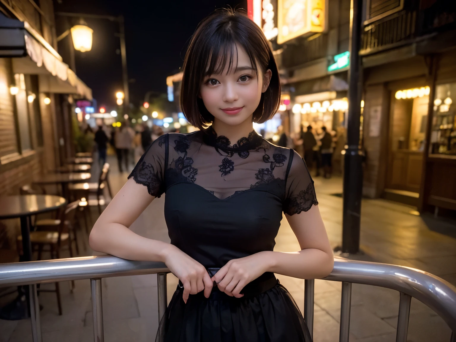 (Highest quality, masterpiece, Ultra-high resolution, 8k, RAW Photos, Realistic, Anatomically correct:1.5), (Stainless steel round bar fence:1.0, Put your elbow on the fence:1.2, Short Bob Cut, 20-year-old girl:1.2, Embarrassing, avert your eyes, blush:1.0, View Viewer, ((bar)) 、Night view、 Light:1.2, Bokeh, Cinema Lighting:1.0, Depth of written boundary, sharp、 Cute face、Idol、Black short sleeve lace top、Black tulle skirt、Black clothing、”dwarf”、(Floral clothes)、Full Body Shot、Cowboy Shot、 smile,