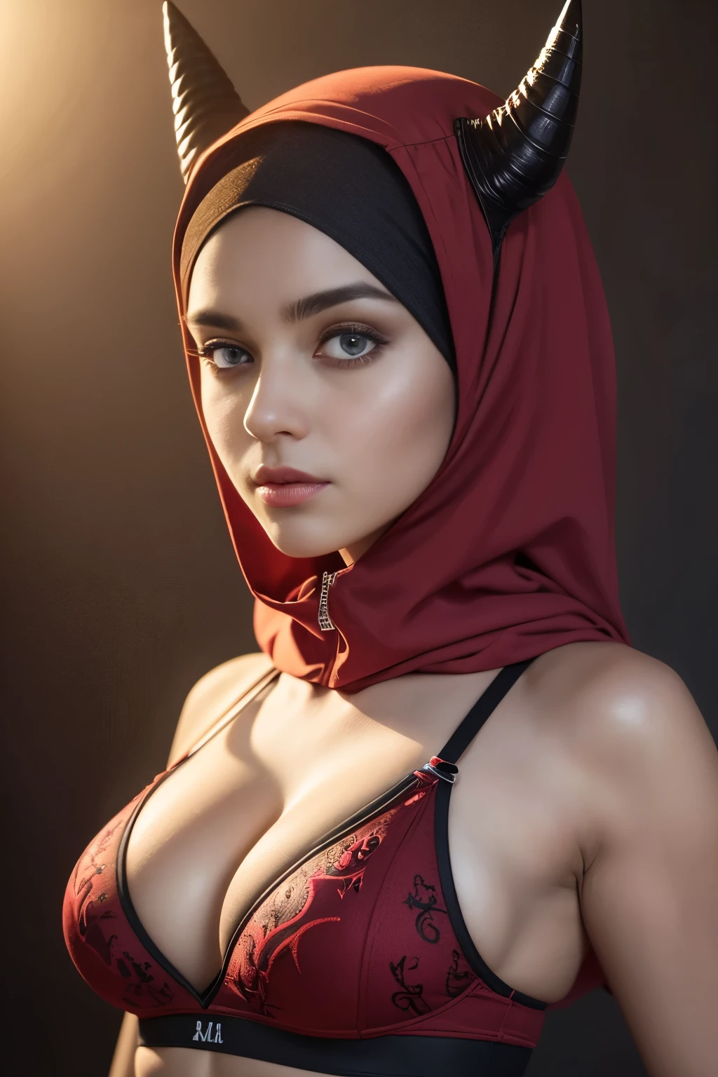 (satan), (satanist), (devil), sportsbra, cleavage, hijabi, Absurd, ultra-detailed, high quality, masterpiece, detailed face, beautiful eyes(detailed eyes)