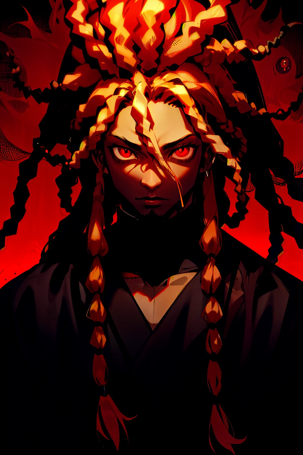 black man with red eyes, dreadlocks and black and red background