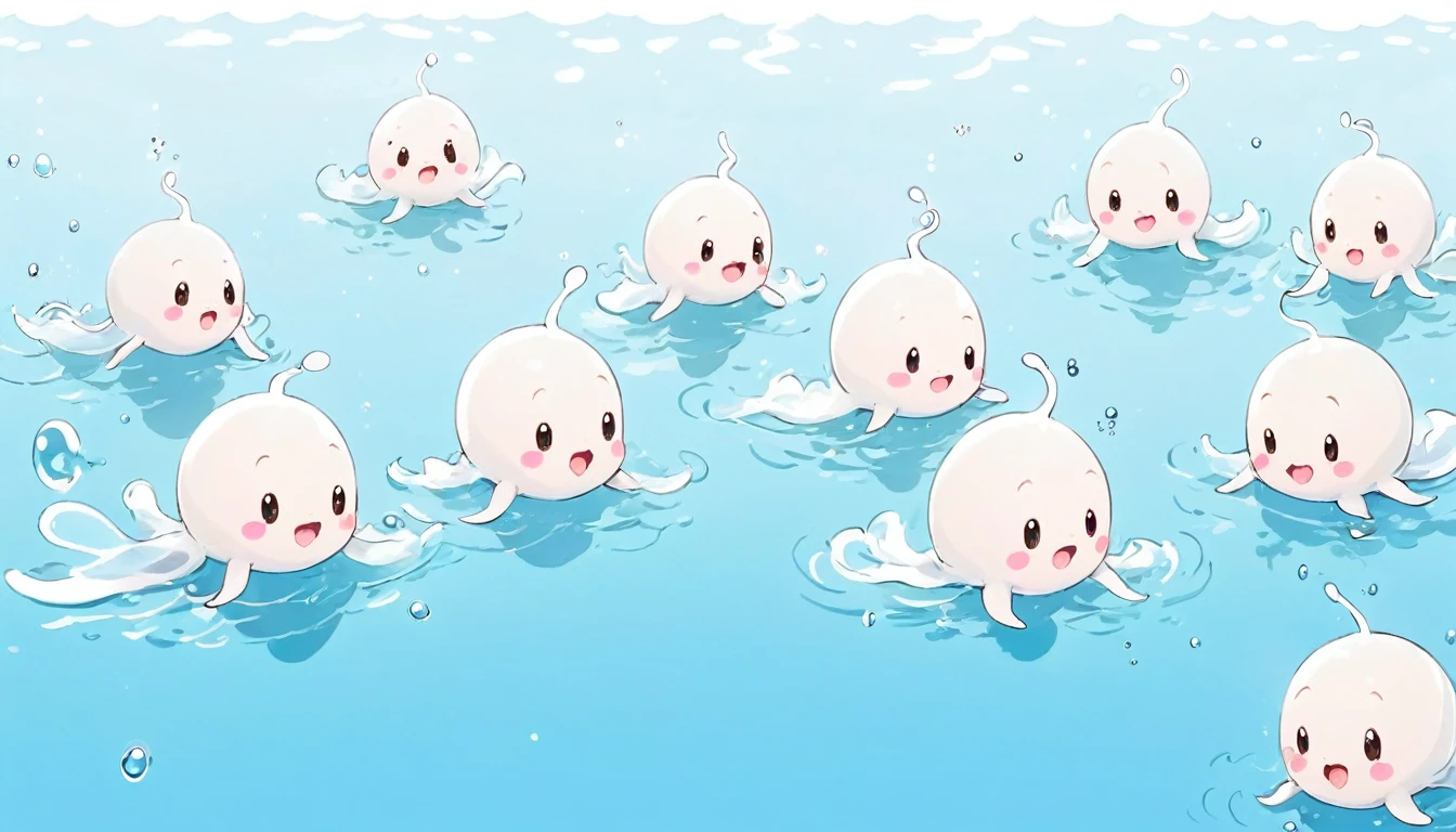 White background、Personified sperm、Deformation、cute Swimming in the same direction