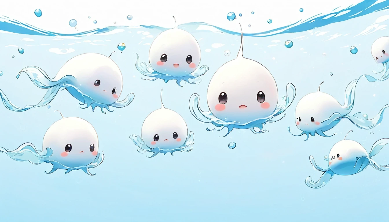 White background、Personified sperm、Deformation、cute Swimming in the same direction
