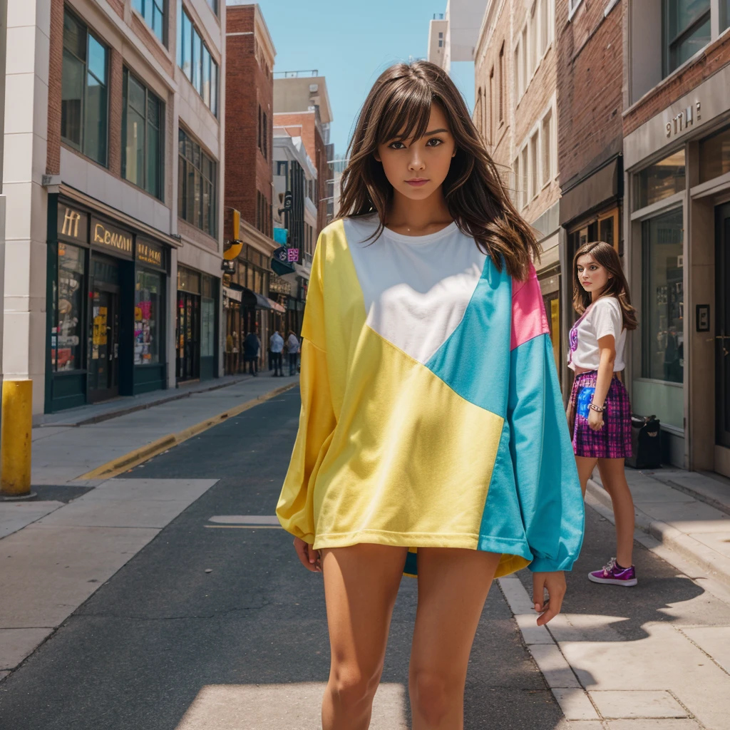 create an image demonstrating the Style of ((Downtown Girl)) Style, hyperrealism, 8K high definition, bright colors, sharp focus, insanely detailed, enormous