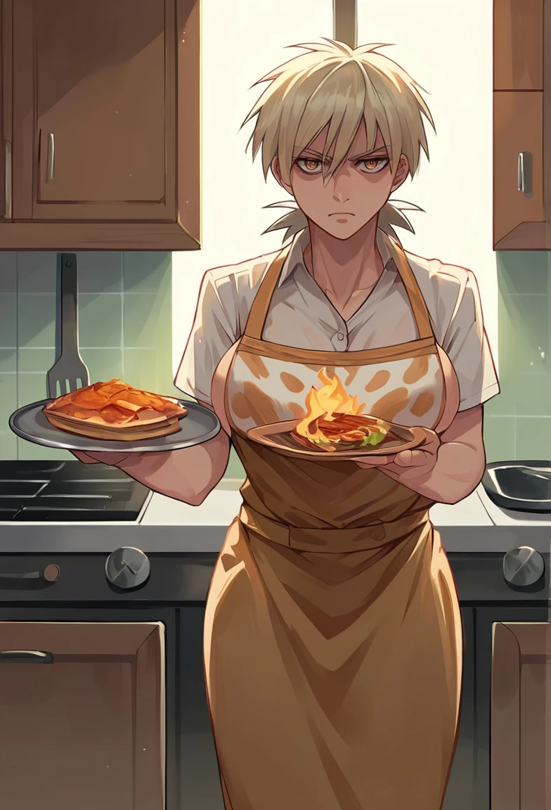 score_9, score_8_up, score_7_up, source_anime, 1girl, solo, boob window, cow pattern crop top, no bra, big , standing, holding a tray of burned food, gown, cooking, kitchen, hellsing, seras victoria, front view, looking at viewer