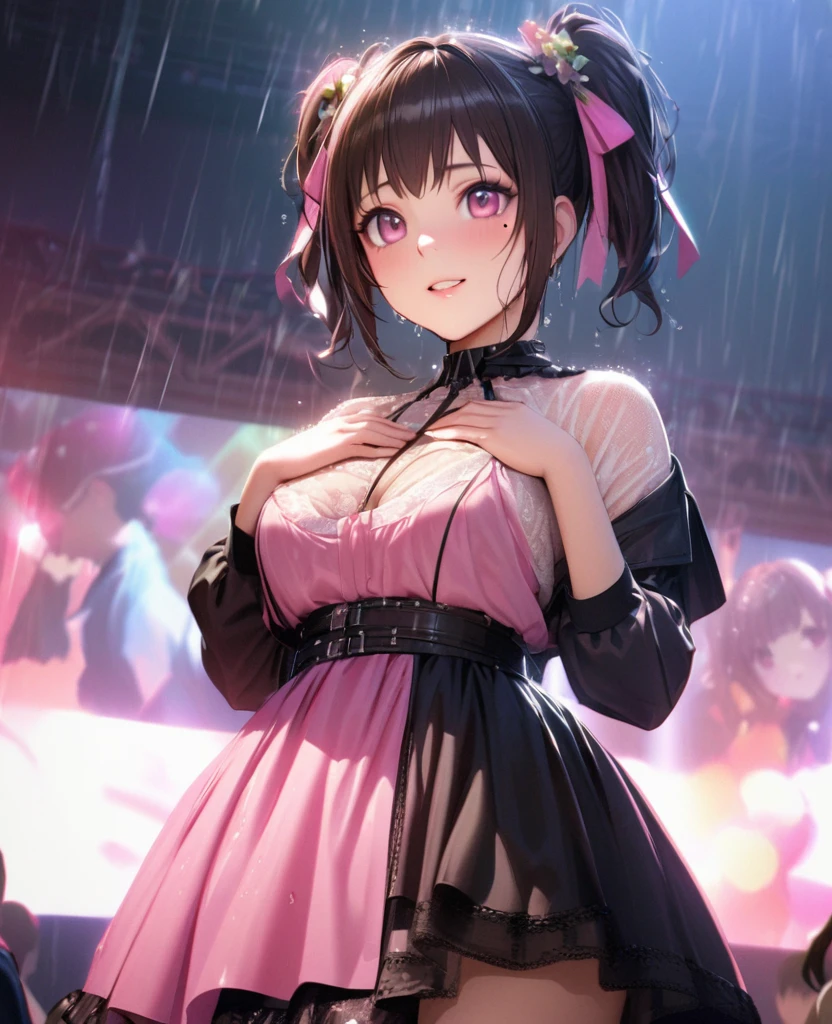 One Girl、Looking at the audience、lovely,
Beautiful pink eyes、short twin tail hair , Mole under the eye、Plump and glossy lips、Heart-shaped choca、Idol、Her name is Rico,smile、ー、。.。.。.。.。.。.。.。.。.。.。.。.。.。.。.。.。.。.3D、Realistic、
The idol's costume was soaked in the heavy rain, and her chest was wet and transparent.Heavy rain at outdoor concert, Drape clothes、gem、The decoration has been removed、Floral、Lace trim,On a glittering stage、
masterpiece、highest quality、8k、Detailed skin texture、Detailed cloth texture、Beautifully detailed face、Intricate details、Very detailed、
超A high resolution、8k Ultra HD、Film Grain、Best Shadow、delicate、Gazing at the audience、front