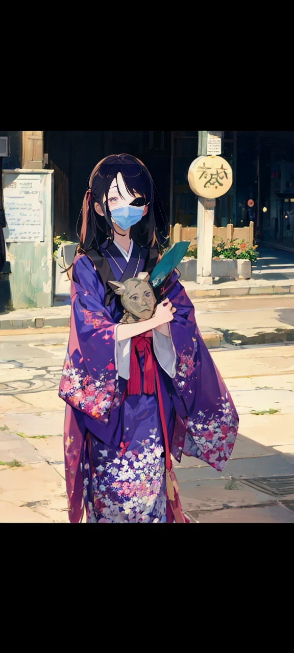 A girl in dark mentality a small kimono black hair tied with two strands of hair covers her face with a black fabric mask or eye mask in a Japanese town with signs, dans la nuit centre ville 