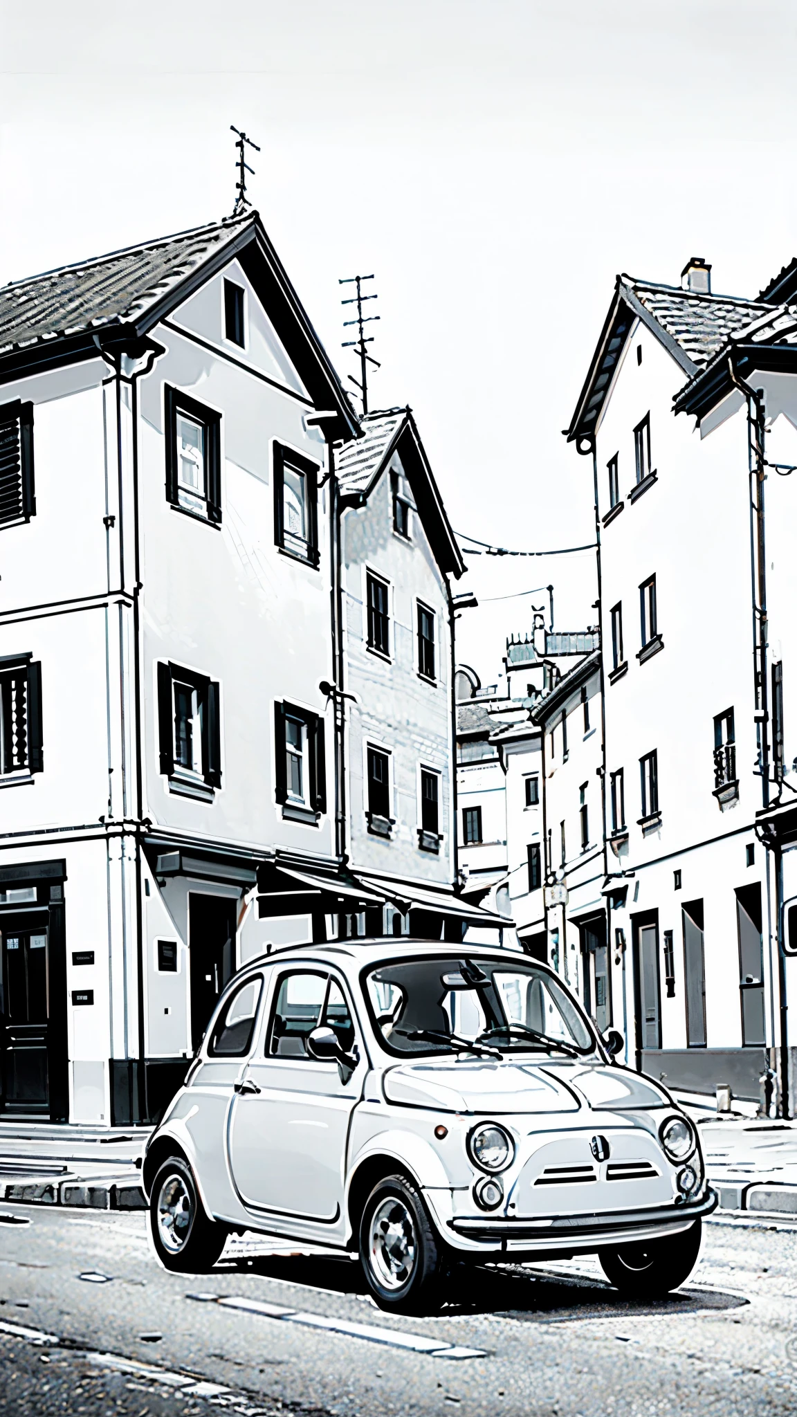 (masterpiece:1.2, Highest quality),(Line art),(Monochrome),(Very detailed),8K,wallpaper,Fiat 500,Italian town