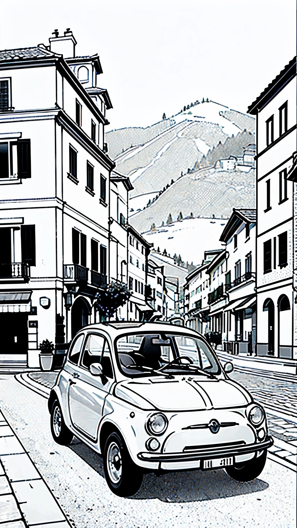 (masterpiece:1.2, Highest quality),(Line art),(Monochrome),(Very detailed),8K,wallpaper,Fiat 500,Italian town