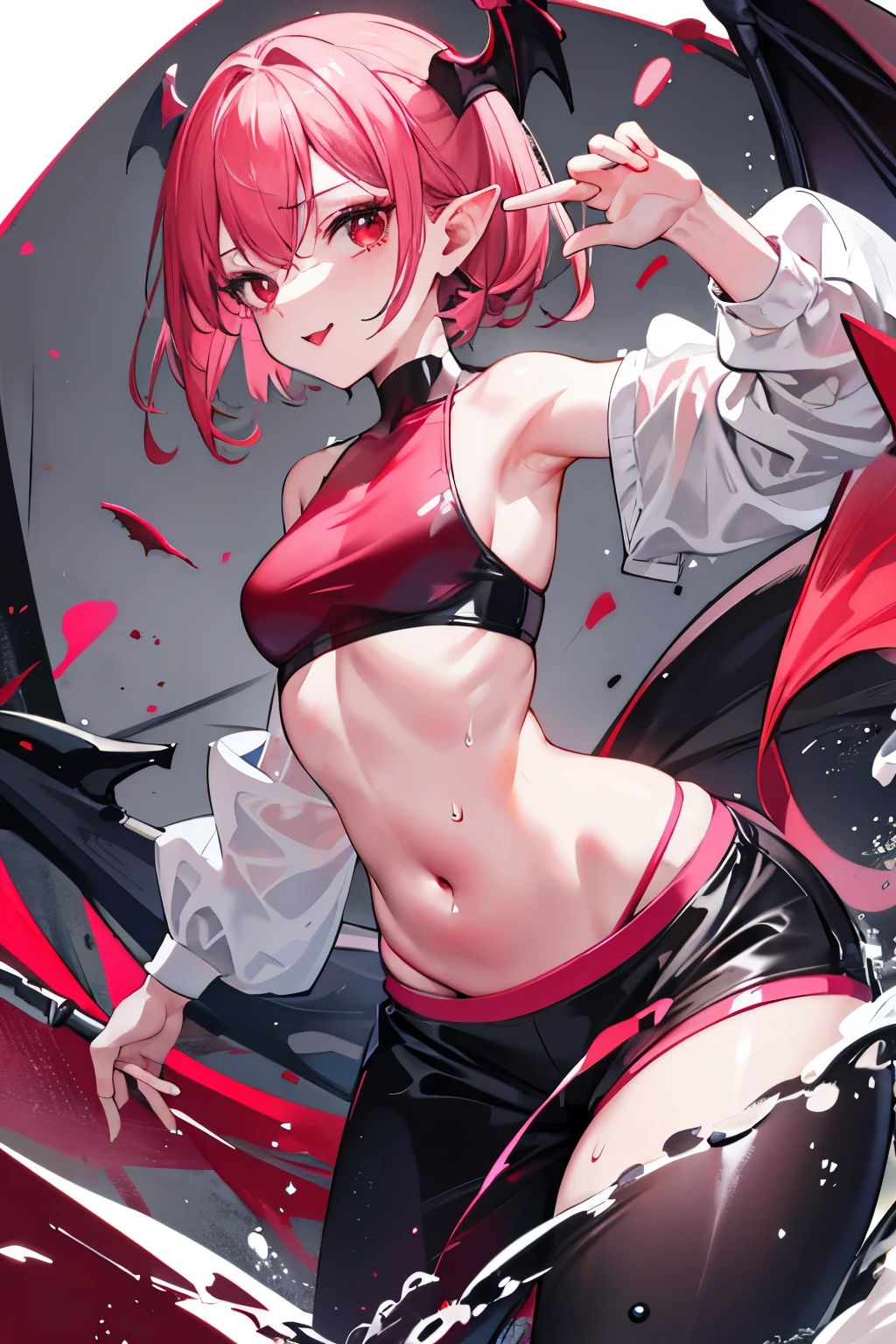 underdressing,Love,Playful,Sticking out tongue,Red Eyes,Sweat,Soaked,liquid,transparent,Expression of disgust,Back,Cropped tops,Leather Shorts,succubus,pink