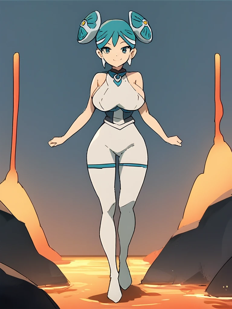 best quality,ultra detailed,looking at viewer,solo,1girl,score_9, score_8_up, score_7_up, score_6_up, score_5_up, score_4_up, source_anime, maquia, two-tone hair, aqua hair, aqua eyes,white bodysuit,looking at viewer, smile,huge breasts, standing sexy pose, (front view,portrait),full body, standing on lava,heavenly ass, heavenly breasts, big ass, no shoes, wearing white heels