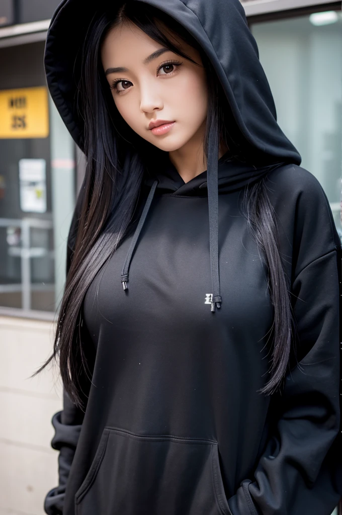A girl with long black hair and a black hoodie, tall and with large breasts