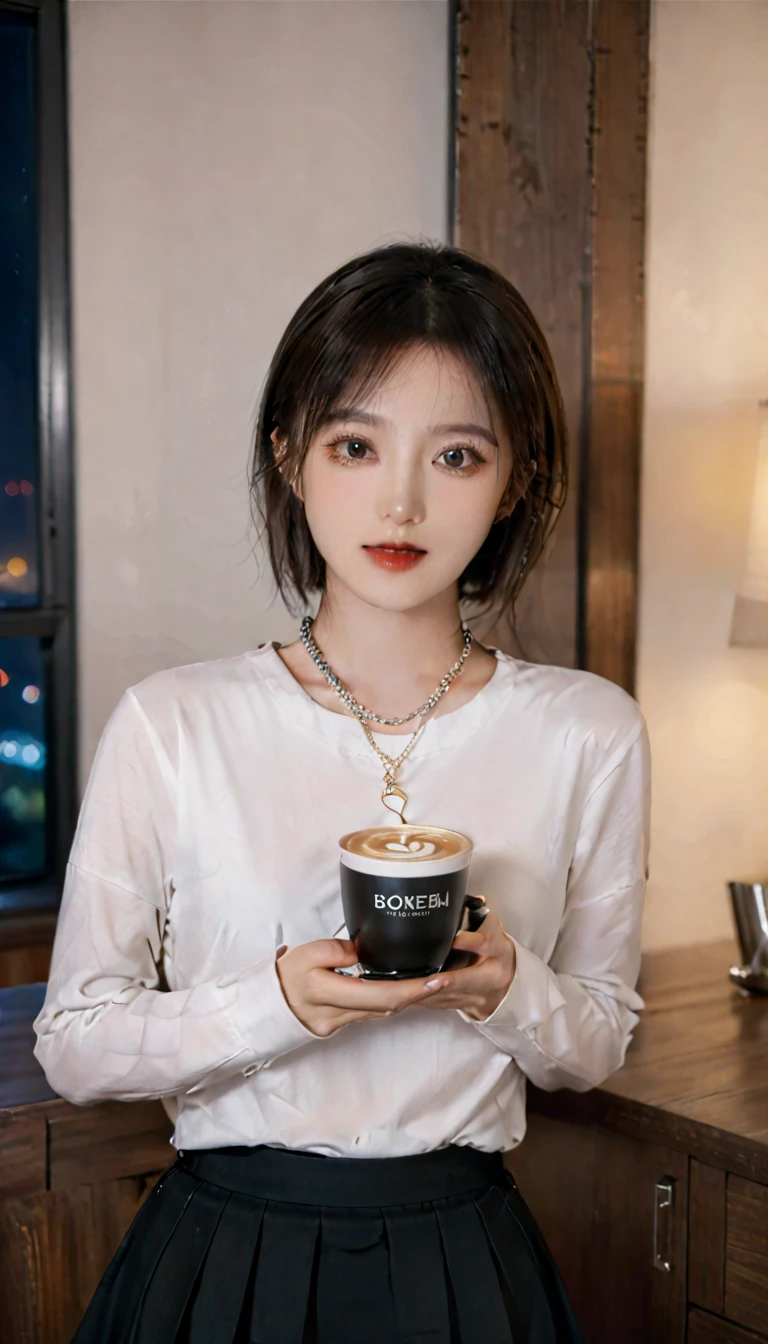 Close-up of a beautiful Korean woman, 29&References; Chest,Wear a necklace, wearing a long sleeve shirt, skirt, elegant expression, Look directly into the camera, Place a cup of coffee in the apartment, Bokeh background, night, Short hair front view, Ultra HD