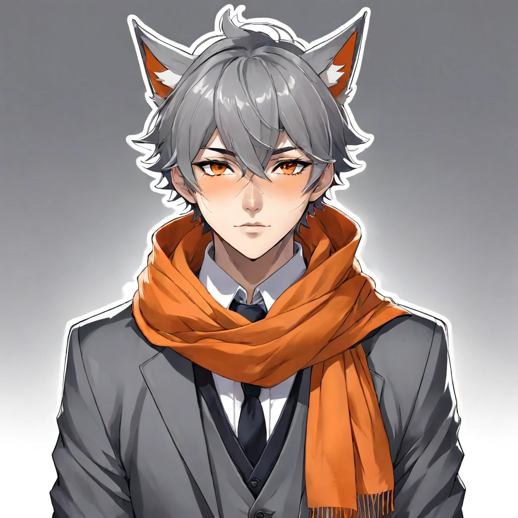 anime boy， Short gray hair,Wolf ears， (((Scars on the face, Pins, )))Gray suit，Orange scarf 