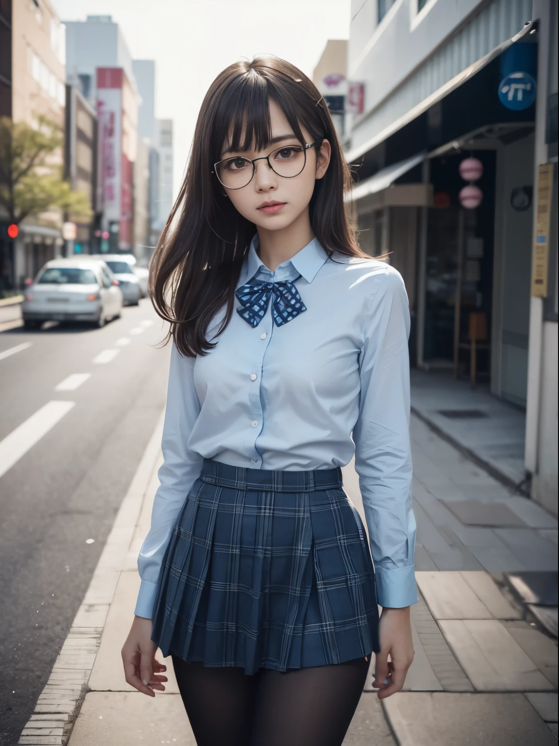 (8K、Photograph、Highest quality、masterpiece:1.2),(Small breasts)、(Small breasts)、(Small breasts)、Looking straight ahead、pupil,Light blue bra,De Pere Blanca,Kune,(Black Pantyhose),Disorganized,Small face,Flat Chest,Parting the bangs from the middle,The forehead is visible,(Cold look<Business,Glare,strong,Are thin,Sobbing,irascible)、masterpiece,Highest quality,Ultra-high resolution,Photograph,even,Beautiful poop,One person, solo,Glasses,,Dark look、Round glasses、cute、JK、high school girl、Japanese women、Are standing、(PhotoReactive:1.37)、Photon Mapping、Light blue ribbon、Real、cute little face、Brown eyes、Black socks、(Red bow tie)、Radio City、Physically Based Rendering、prospect、Depth of written boundary、Blurred Background、photograph、girl、body、Beautiful feet、Long legs、Thin legs、(I can see the bangs)、hair、lips、Blue_The目、Soft nose、(Light blue shirt)、Navy and blue checkered pleated skirt、I can see your knees、See-through clothing、Thighs、Black cotton socks、Nogizaka Idol、、Japanese Ido