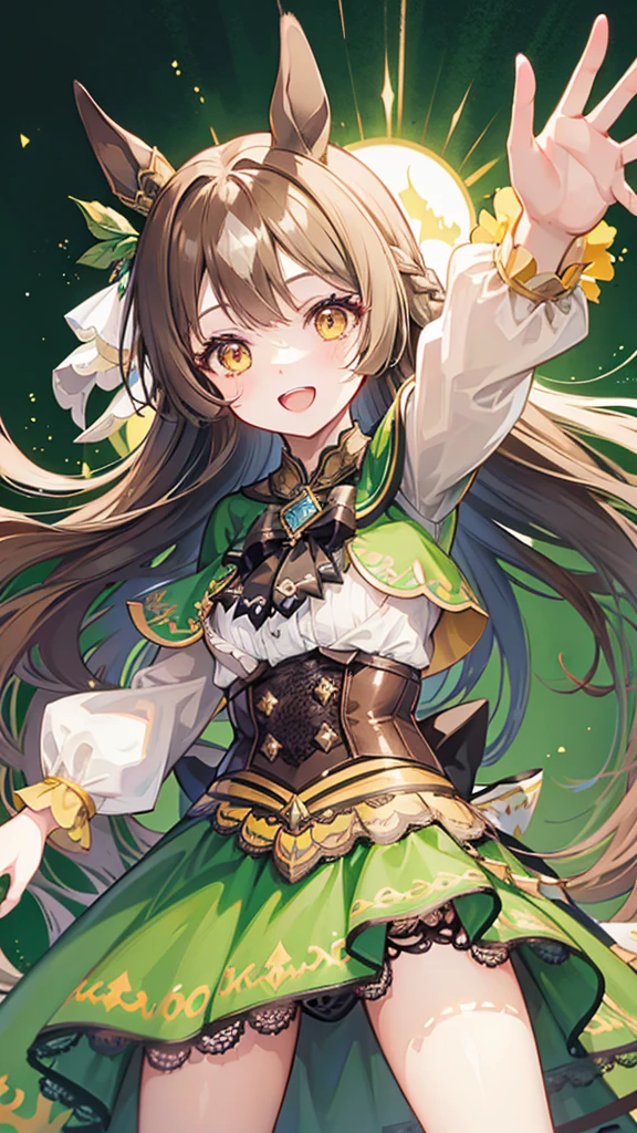 tiny girl,Colossal ,Smile with open mouth,horse ears,brown hair,long hair,green magical girl costume,yellow eyes,Top image quality,Best Quality