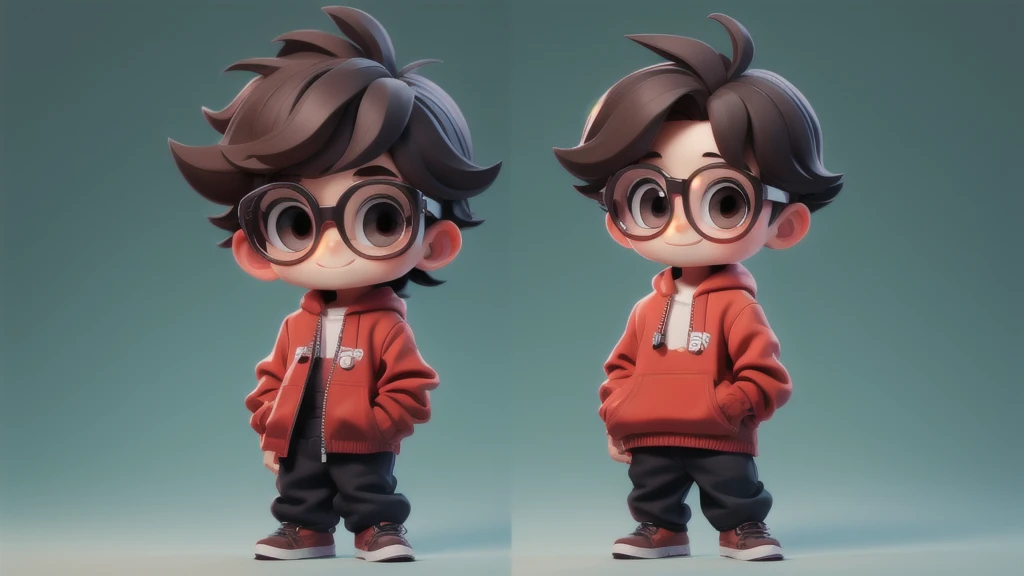 Boy chibi with Red pullover, dark brown eyes, black glasses, Happy, middle long texture crop style hair. Clear Background