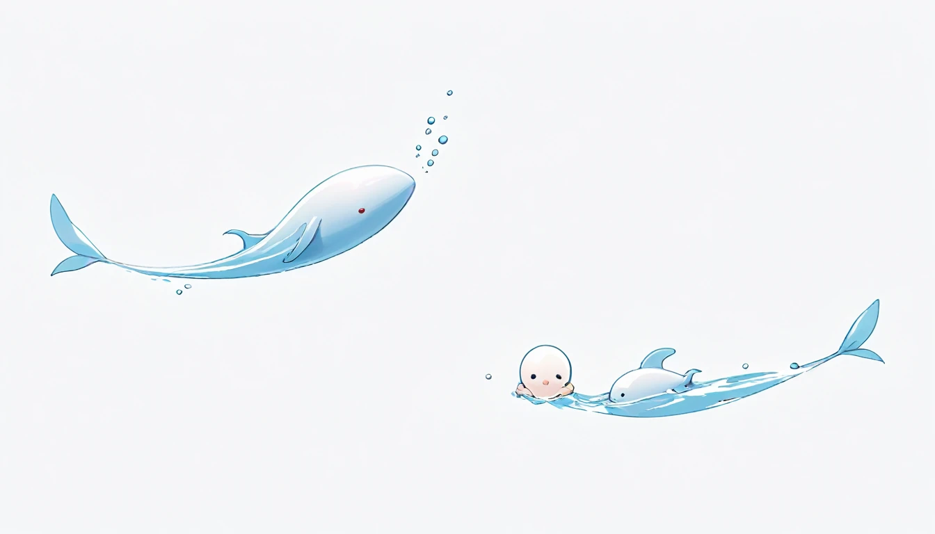 White background、Personified sperm、Deformation、Swimming in the same direction in the white space