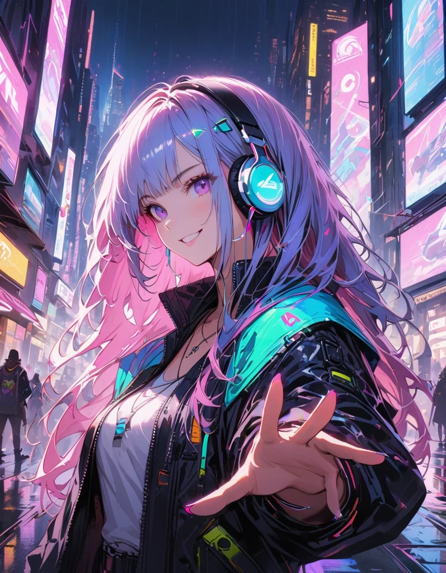 1girl,cyberpunk, Chinese girl, translucent，Wearing headphones，futuristic city, neon lights, high-tech, digital sky, large moon, flying cars, futuristic dress, glowing earphones, jewelry, necklace, long hair, transparent accessories, dynamic pose, smiling, facing camera, ultra-realistic, high-quality, 8K resolution, detailed, futuristic, modern fashion, traditional elements, glowing jewelry, cyberpunk fashion