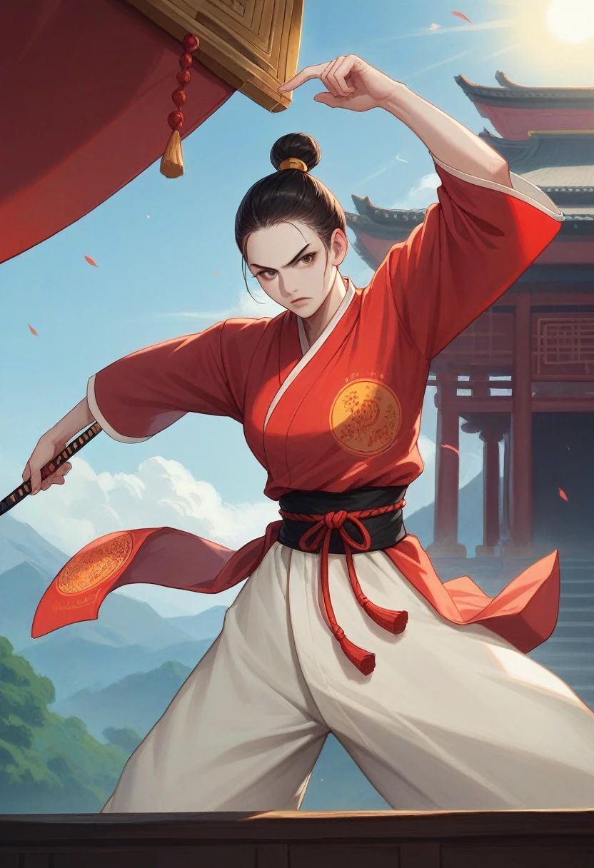 A bright red rat robot with a serious expression. There are ancient Chinese patterns in bright colors on the body. Wear a Chinese martial arts warrior outfit like a martial artist. The backdrop is a beautiful, ancient Chinese palace. bright blue sky There is a sun with a mountain pattern in the sun. The picture has the most realistic dimensions. Sharp, photo-like images, ultra realistic, 3D, super contrast, cyber picture