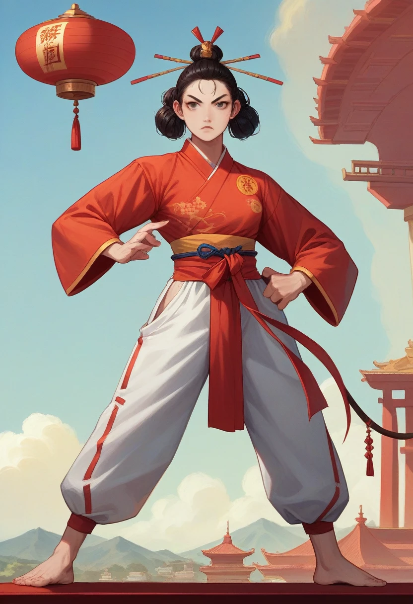A bright red rat robot with a serious expression. There are ancient Chinese patterns in bright colors on the body. Wear a Chinese martial arts warrior outfit like a martial artist. The backdrop is a beautiful, ancient Chinese palace. bright blue sky There is a sun with a mountain pattern in the sun. The picture has the most realistic dimensions. Sharp, photo-like images, ultra realistic, 3D, super contrast, cyber picture