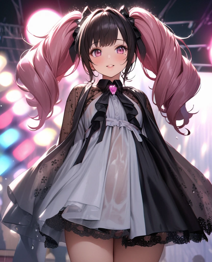 One Girl、Looking at the audience、lovely,
Beautiful pink eyes、short twin tail hair , Mole under the eye、Plump and glossy lips、Heart-shaped choca、Idol、Her name is Rico,smile、ー、。.。.。.。.。.。.。.。.。.。.。.。.。.。.。.。.。.。.3D、Realistic、
The idol's costume was soaked in the heavy rain, and her chest was wet and transparent.Heavy rain at outdoor concert, Drape clothes、gem、The decoration has been removed、Floral、Lace trim,On a glittering stage、
masterpiece、highest quality、8k、Detailed skin texture、Detailed cloth texture、Beautifully detailed face、Intricate details、Very detailed、
超A high resolution、8k Ultra HD、Film Grain、Best Shadow、delicate、Gazing at the audience、front