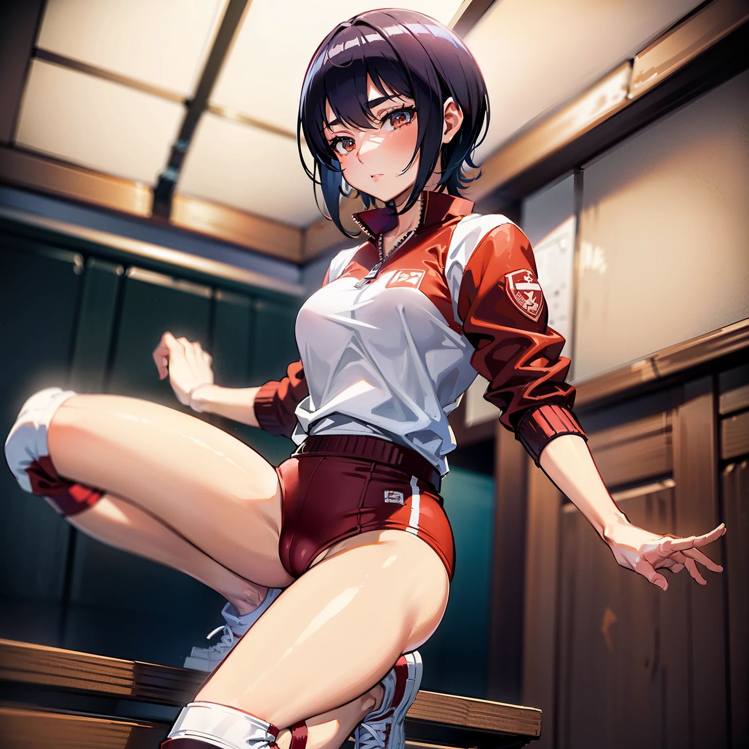 Natsu Ayuhara  short hair,1girl, (solo),(m legs), (spread legs), (masterpiece:1.2),red jacket, (short red high leg buruma),cameltoue, bandages, knee pads, sneakers,volleyball court,