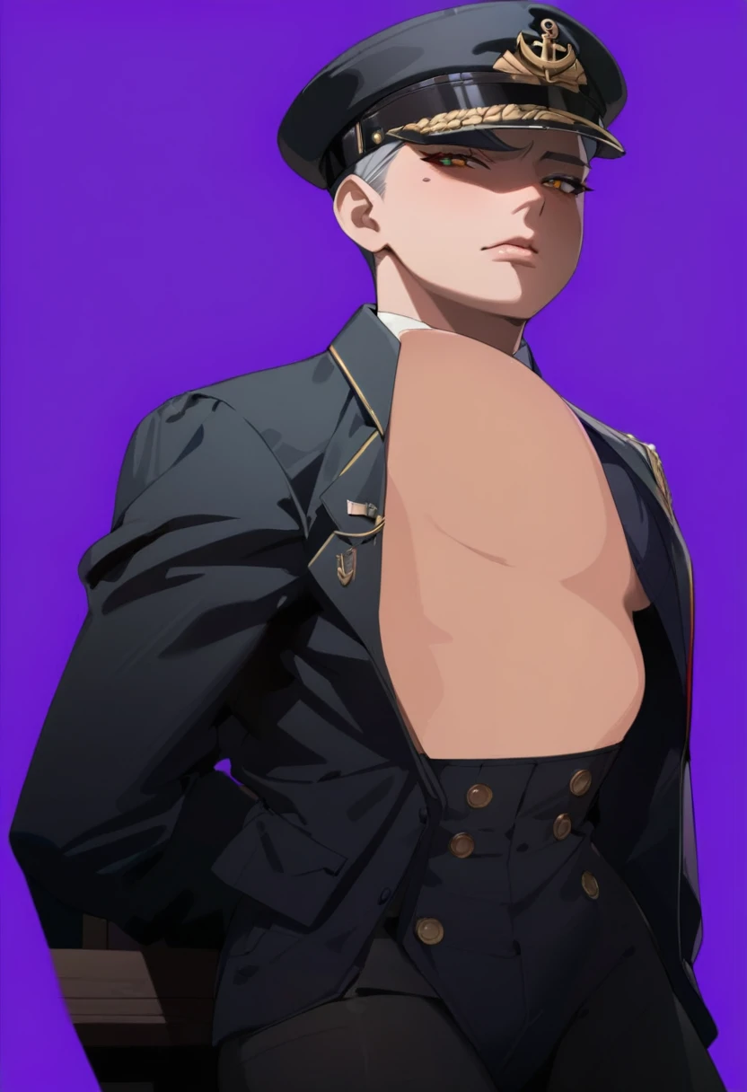 (1girl:1.3), (exceptional, best aesthetic, new, newest, best quality, anime, waifu:1.2), master piece, best quality, ultra detailed, absurdres, highres, colored, good anatomy, pretty face, grey hair, no beard, no mustache, big breast, sexy, exposed breast, military uniform, peak cap, ribbon, anchor insignia on the cap, shirt buttons,