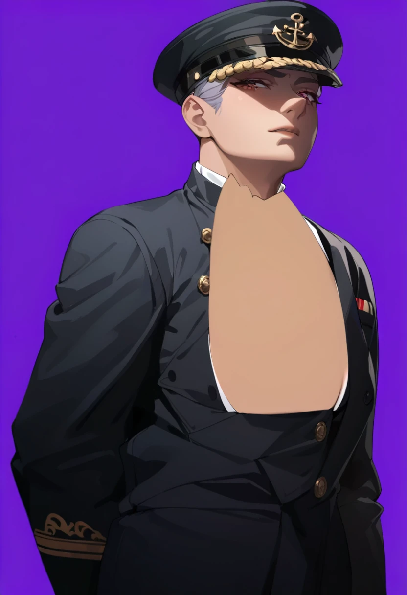 (1girl:1.3), (exceptional, best aesthetic, new, newest, best quality, anime, waifu:1.2), master piece, best quality, ultra detailed, absurdres, highres, colored, good anatomy, pretty face, grey hair, no beard, no mustache, big breast, sexy, exposed breast, military uniform, peak cap, ribbon, anchor insignia on the cap, shirt buttons,