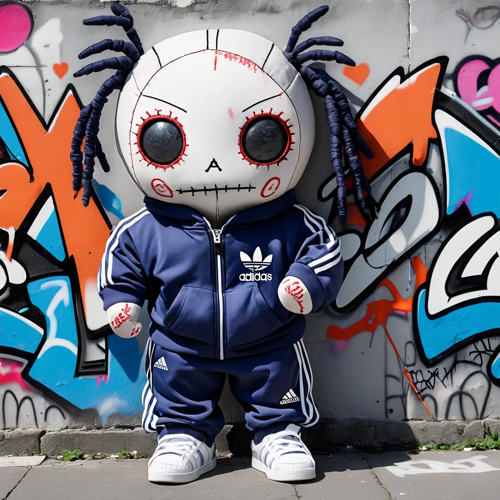 (knitted voodoo doll:1.9), (in a tracksuit with Adidas stripes:1.0), (standing in front of a wall covered in graffiti:1.3), best quality, masterpiece, detailed soft oil painting, detailed background, dramatic cinematic lighting, soft edge lighting, professional, dramatic lighting, hard edge lighting, ultra quality, 4k, masterpiece, best quality, 8k, ultra high definition, high resolution, extremely detailed