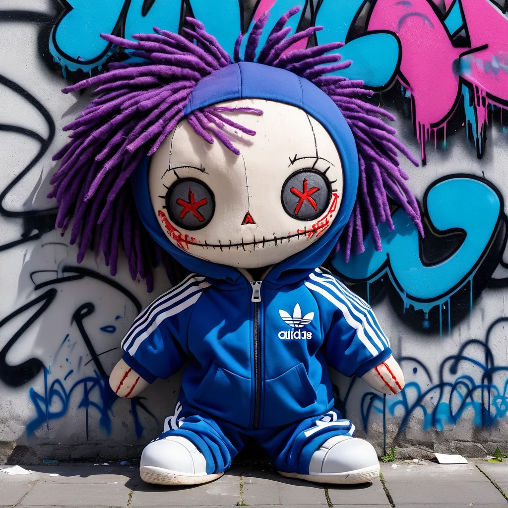 (knitted voodoo doll:1.9), (in a tracksuit with Adidas stripes:1.0), (standing in front of a wall covered in graffiti:1.3), best quality, masterpiece, detailed soft oil painting, detailed background, dramatic cinematic lighting, soft edge lighting, professional, dramatic lighting, hard edge lighting, ultra quality, 4k, masterpiece, best quality, 8k, ultra high definition, high resolution, extremely detailed