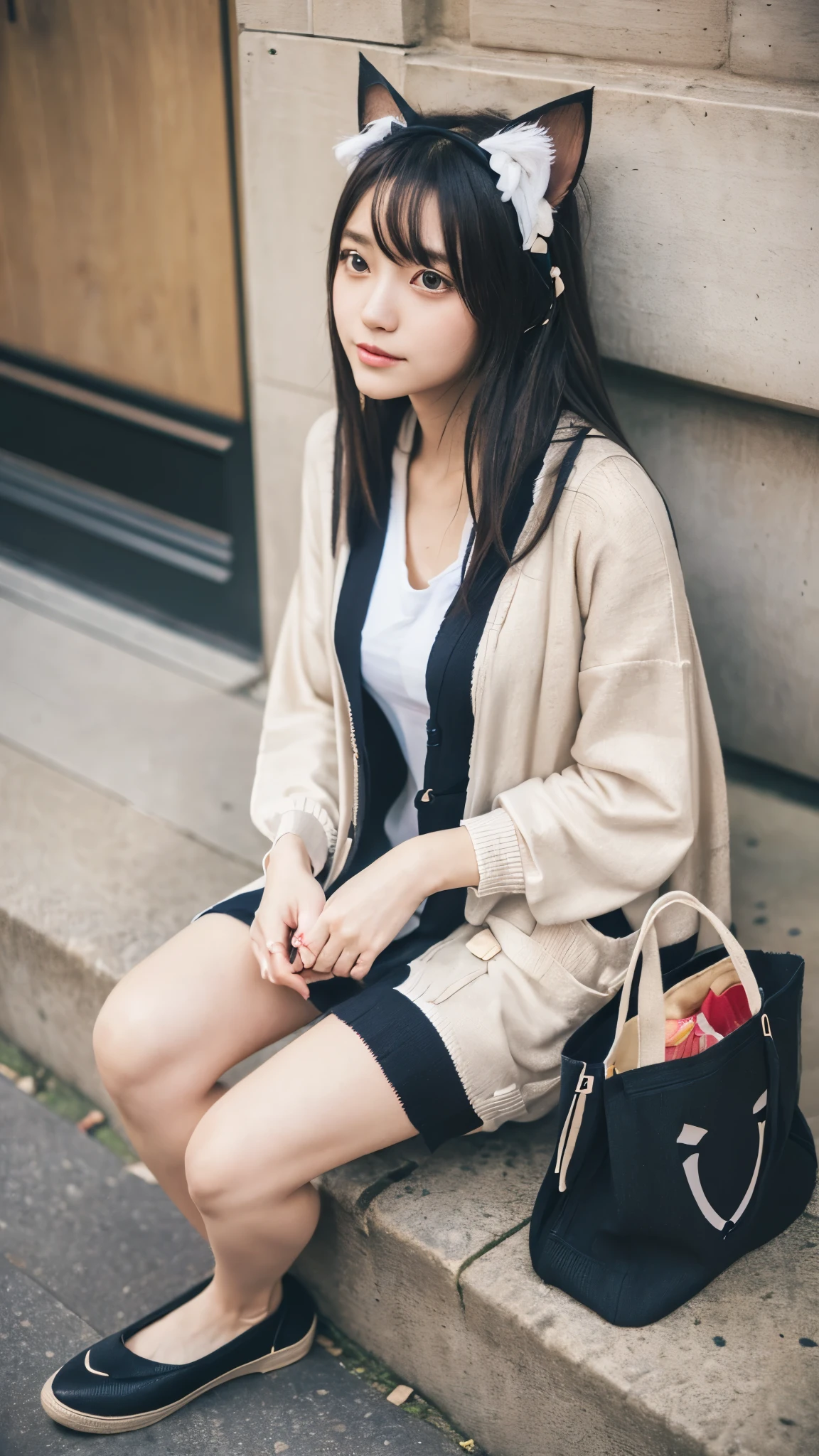 Masterpiece, 4k, Bokeh, beautiful face, (Japanese idle:1.6), (Long cardigan with a t-shirt dress and flats, Casual weekend background,  Canvas tote bag:1.4), (Cat ears:1.3), Sitting on From below, (London:1.5)