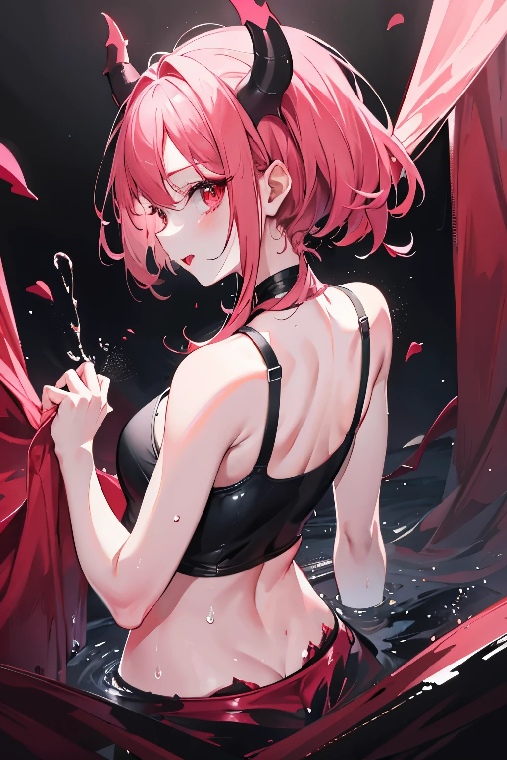 underdressing,Love,Playful,Sticking out tongue,Red Eyes,Sweat,Soaked,liquid,transparent,Back,Cropped tops,Hips,succubus,pink,Gel coat