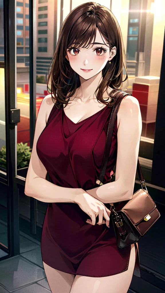 (masterpiece:1.2, Highest quality, Ultra-high resolution, Super detailed), (Realistic, photoRealistic:1.4), Beautiful illustrations, (Natural Side Lighting, Cinema Lighting), 
View your viewers, 1 Girl, Japanese, university student, Perfect Face, (Perfect Anatomy), Cute and symmetrical face, Shiny skin, thin, 
(Half Up Hair, Light brown hair), Swept-apart bangs, Brown eyes, Droopy eyes, Big eyes, , (Large Breasts), 
Beautiful Hair, Beautiful Face, Beautiful attention to detail, Beautiful clavicle, Beautiful body, Beautiful breasts, Beautiful thighs, Beautiful feet, 
((Bordeaux color dress:1.3)) ((brown handbag:1.2)), 
(Beautiful views), Depth of written boundary, night, (Office Building District), Are standing, (smile),
