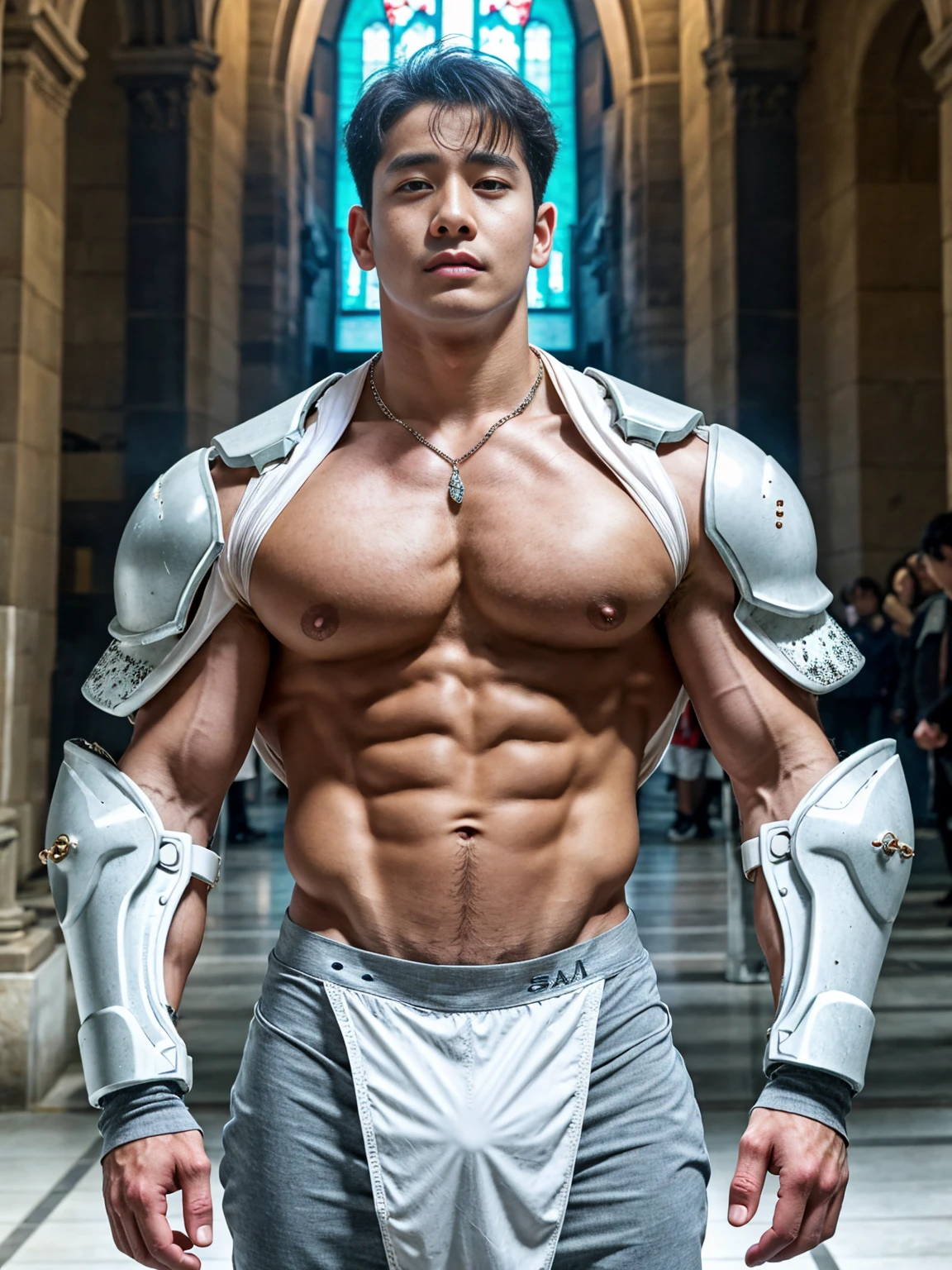 Realistic​ photography​ of a​​​​ korean boy​, 22 ages​​​ , wearing​ a​ ice armor, thin​ necklace​, ((huge pecs))​​ ,​ white​ skin, at​ holy​ old​s,run cool