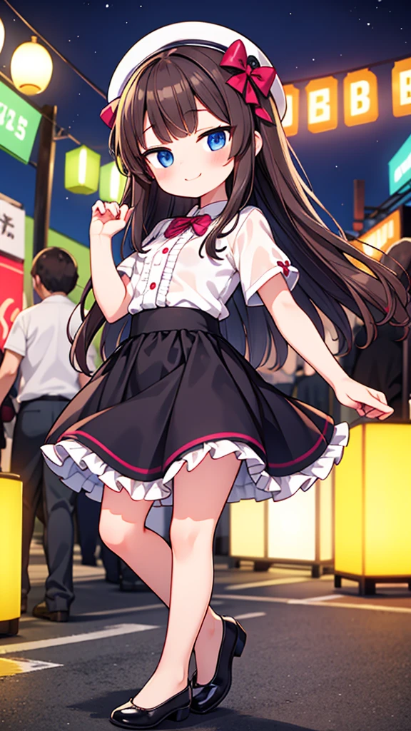 {Highest quality], [Super beautiful], [Ultra fine], [Best illustration], NSFW,Brown Hair, Hime cut, Long Hair, With bangs, girl,OL,White short sleeve shirt, Long straight skirt, smile, blush, Slender women, Adult women,Strike a Pose,(Public),Night Park,Summer festival,diagonal, Bare feet and pumps, Plain black pumps