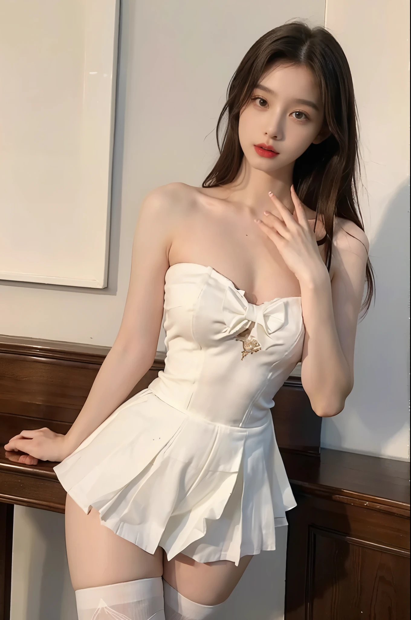 strapless dress,bow, yellow dress,white thighhighs,blue ribbon,, Beauty, beautiful女人，Have a perfect body：1.4，Layered Hairstyle，((Big breasts)), ((D cup)), Visible cleavage，Bare shoulders, Highly detailed face and skin texture，Double eyelids，Skin Whitening，Long hair，Whitening long legs，Standing by the sea, Fashion girl, Red lips, Sweet maiden, beautiful妆容, detail, lifelike, Very detailed, amazing, beautiful, Young and energetic, high quality，High Definition, rich and colorful，Exquisite, Smooth skin, The skirt is short, Lift the skirt with your hands, Elegant and charming posture, Official Art, Extremely detailed, Movie atmosphere, Soft colors, Natural skin texture,