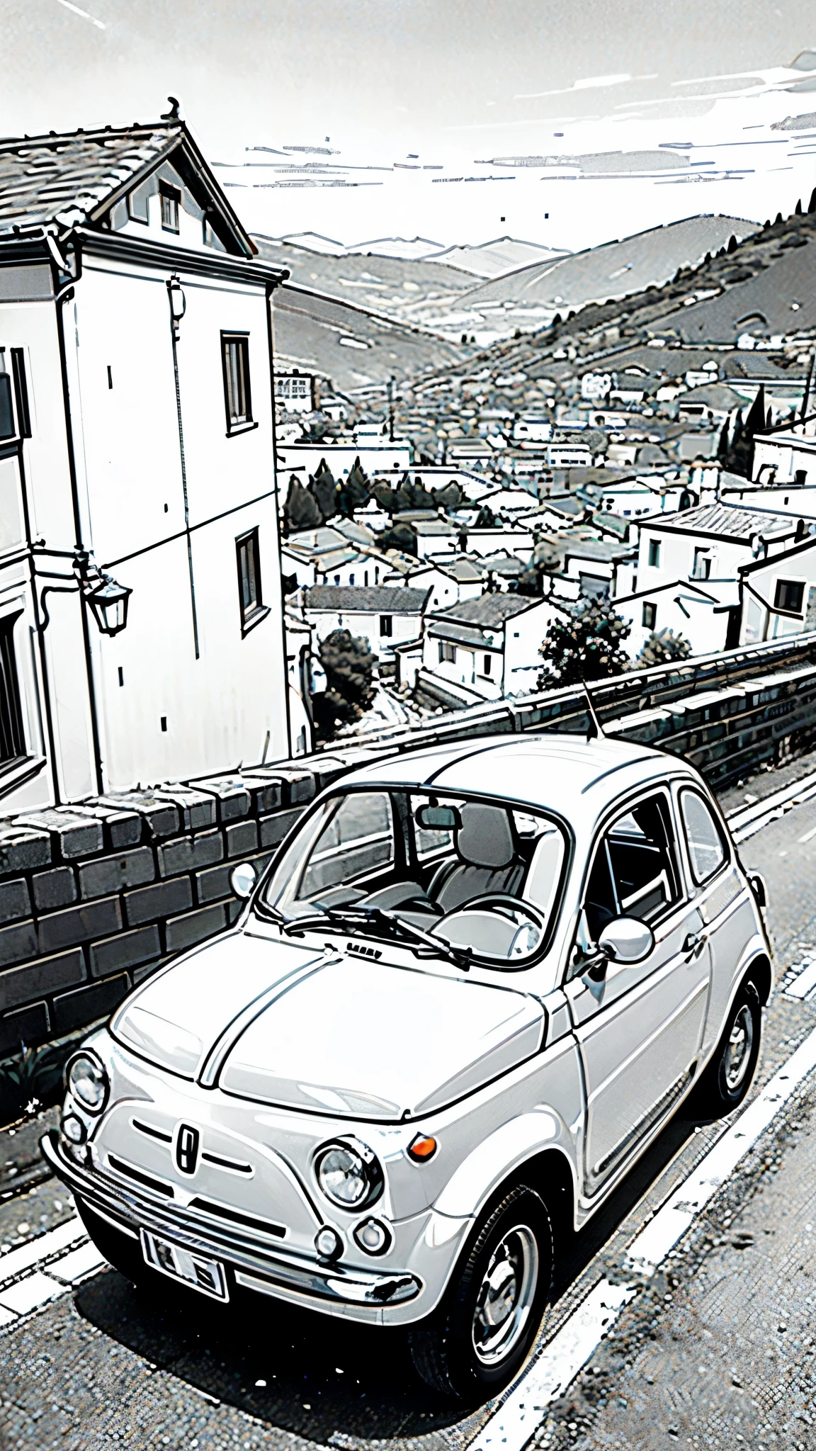 (masterpiece:1.2, Highest quality),(Line art),(Monochrome),(Very detailed),8K,wallpaper,Fiat 500,Italian town,Sunset